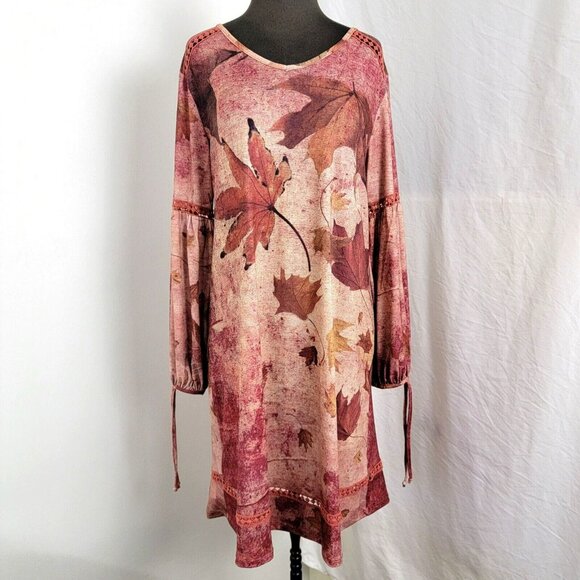 One World Leaf Print Dress Red M Medium Women's NEW long sleeve embroidered - Picture 1 of 11